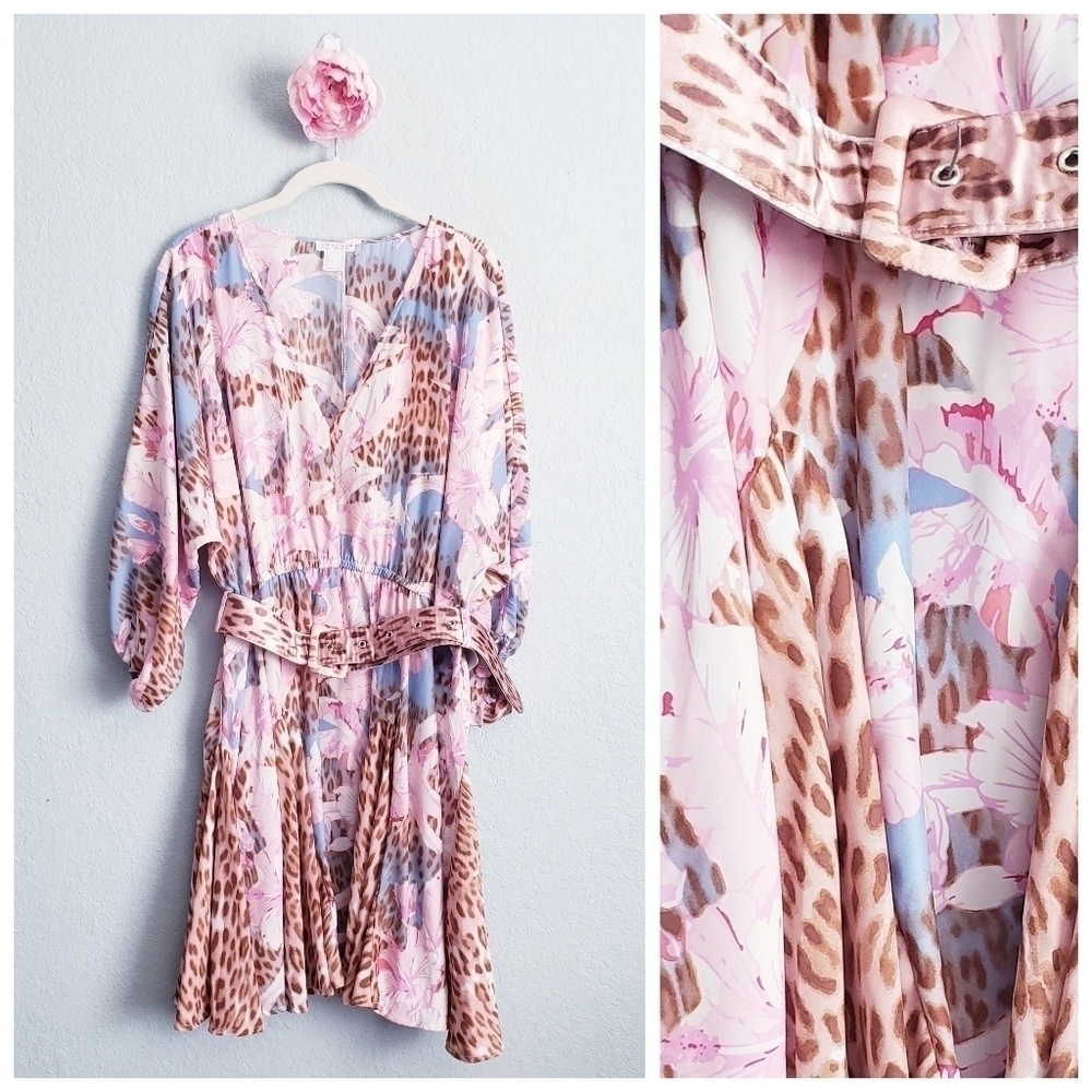 Venus Pink And Blue Floral Leopard Print Long Sleeve Belted Dress